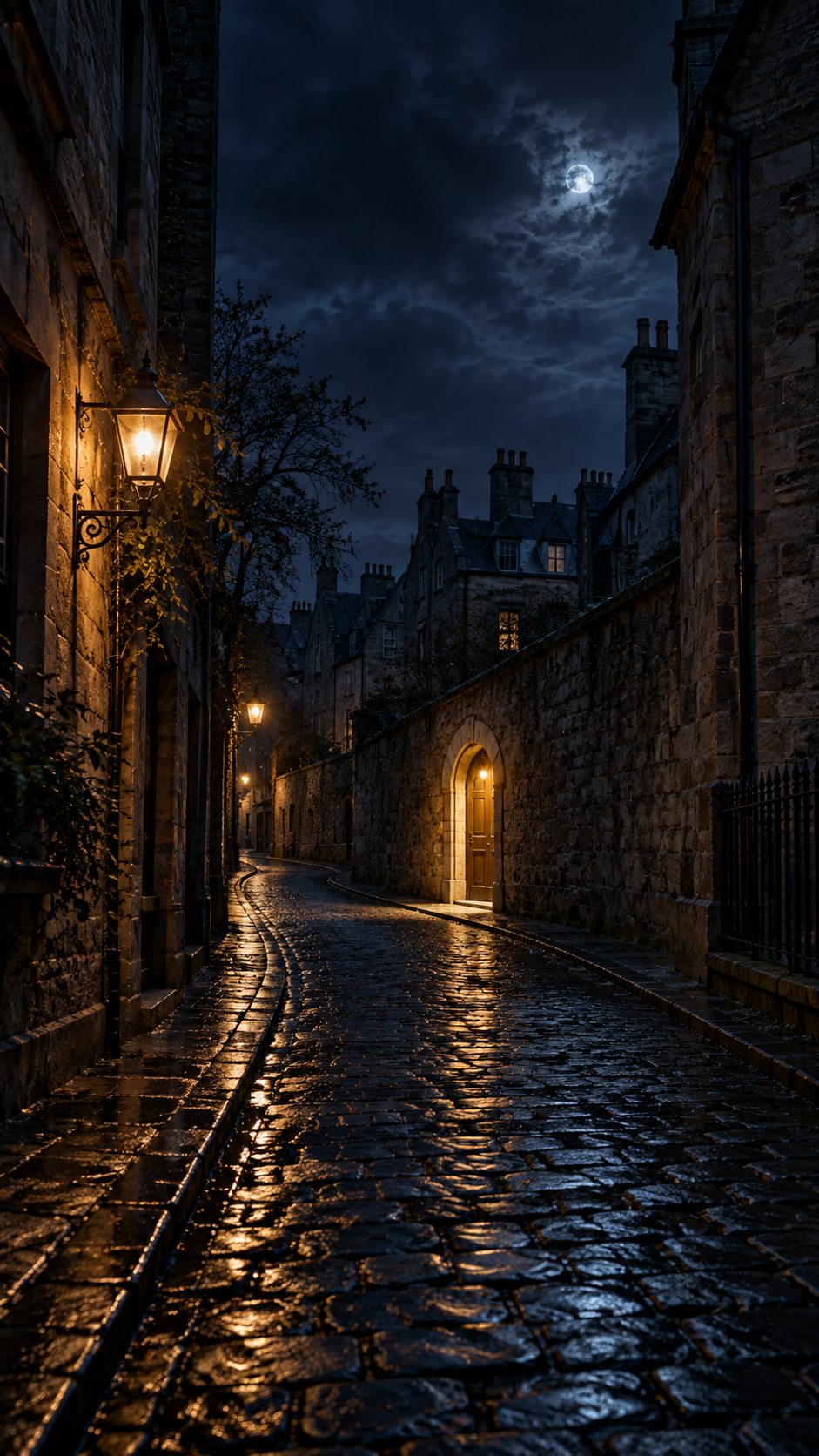 A rain-soaked, moonlit street with a glowing doorway in an old stone wall